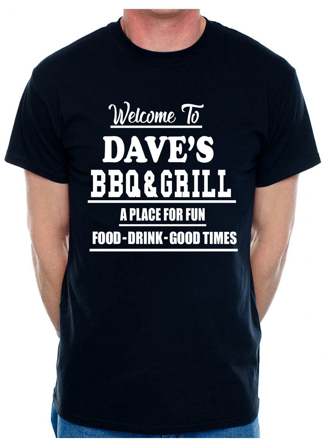 Customised Mens T-Shirt Any Name Or Word Dave’s BBQ & Grill Your Name Pub Name