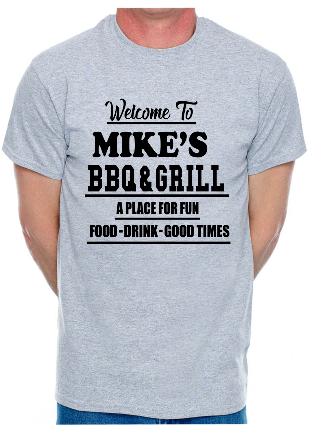 Personalised Adult T-Shirt Mike&rsquo;s BBQ & Grill Your Surname Christian Name